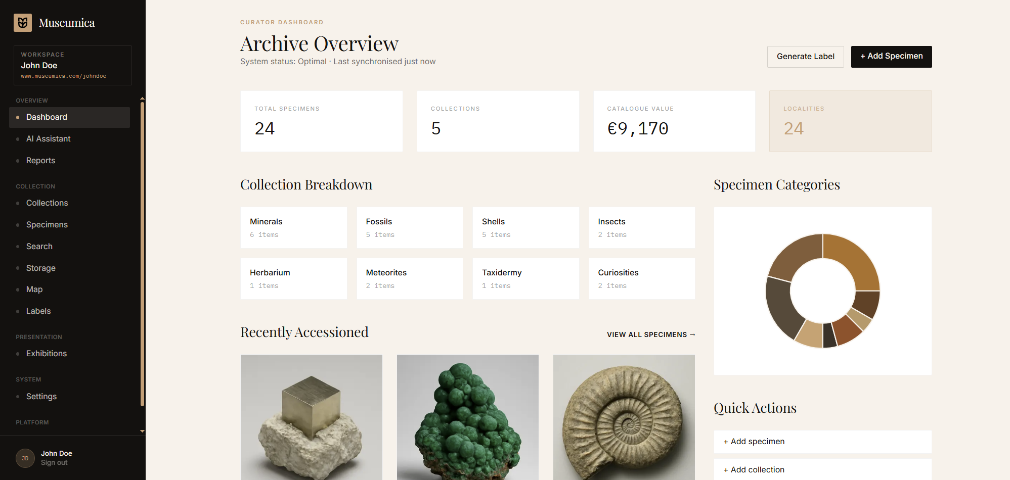 Dashboard preview showing Archive Overview, Collection Breakdown and Specimen Categories