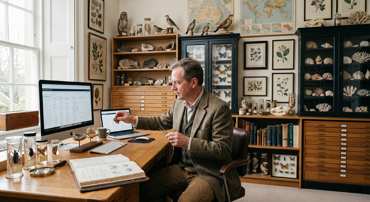 A collector cataloguing specimens at his desk