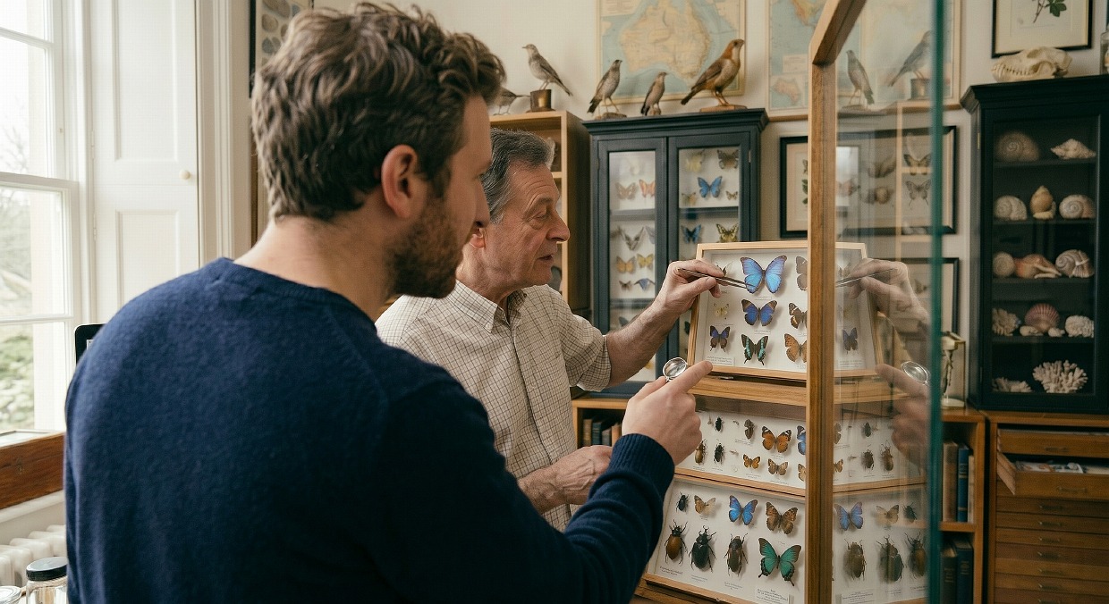 Examining a butterfly display case