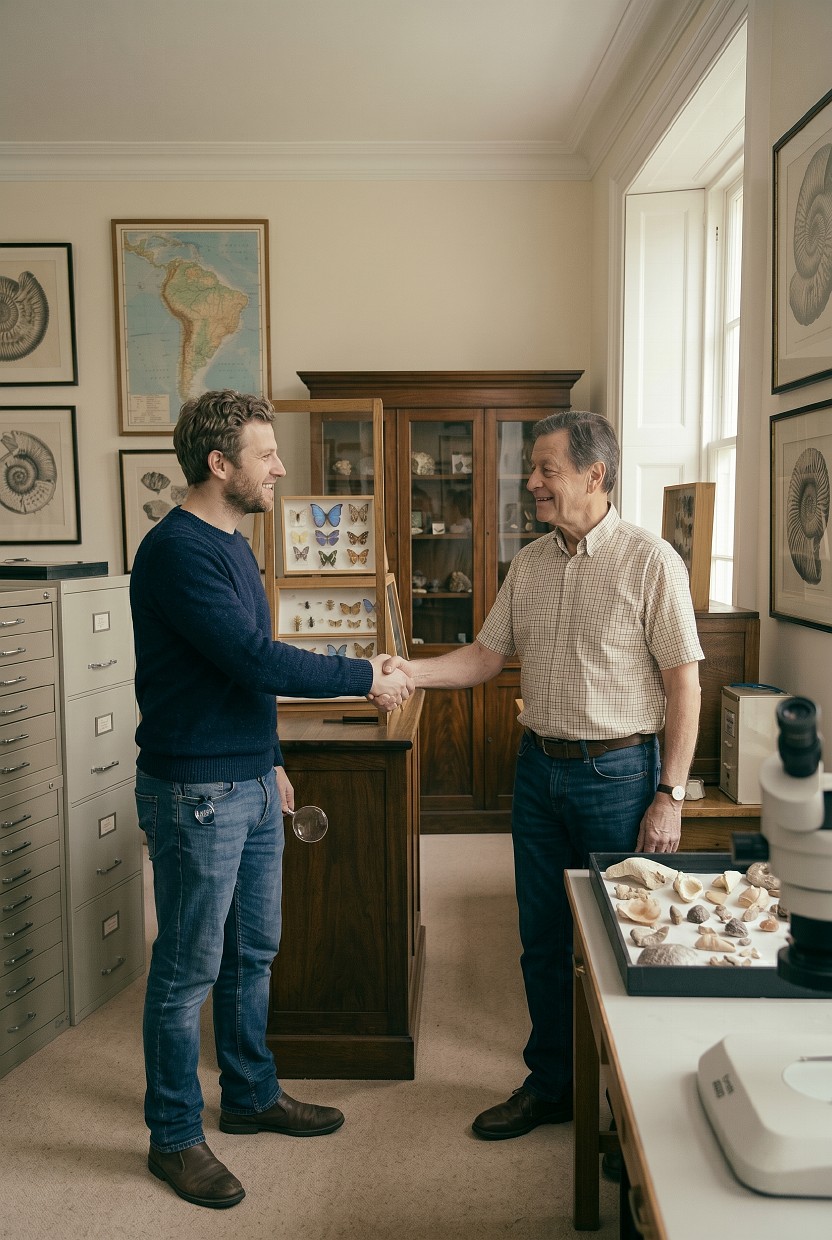 Two collectors shaking hands in a study